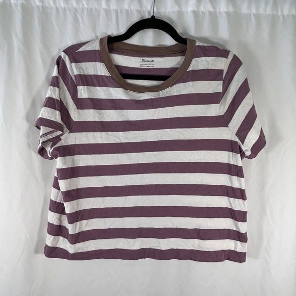 Madewell Tops - Madewell Blouse Women's Medium Purple White Striped Crop Tee Boxy Short Sleeve